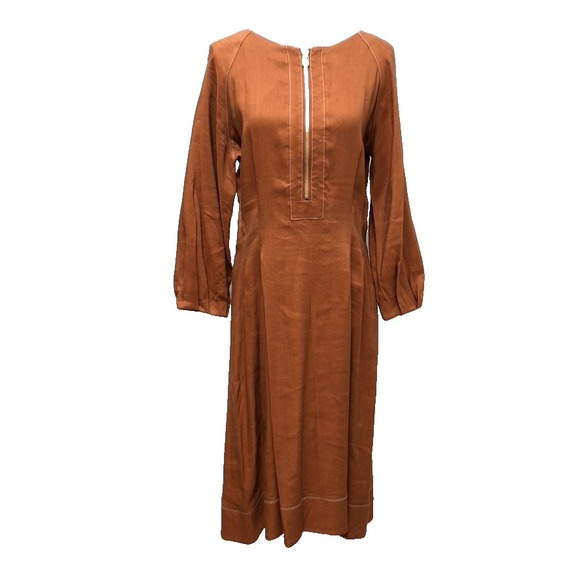 Veronica Beard Claudia Linen Blend Midi Dress Womens 12 Burnt Orange Boho
